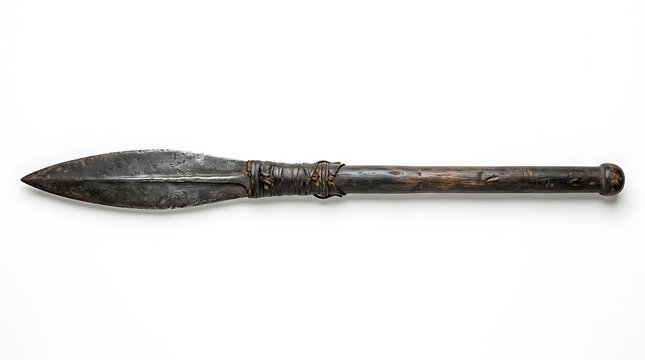 Ancient African Iron Spear With Wooden Shaft Isolated Against A Plain White Background