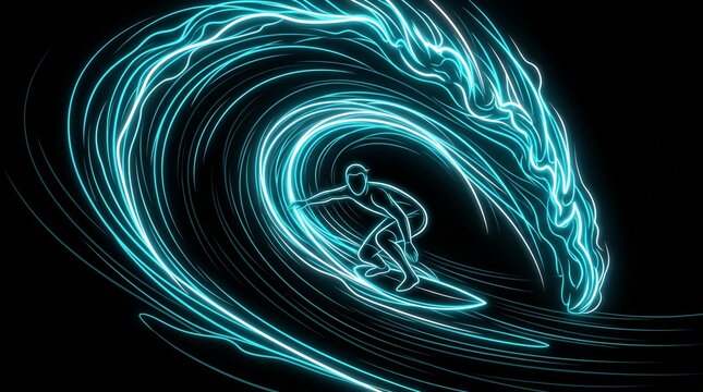 Dynamic surfer riding inside glowing turquoise wave tunnel with motion lines with thrilling surfer skillfully tunnel enhanced vibrant lines against deep