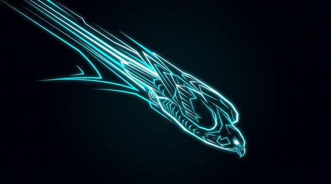 Dynamic glowing cybernetic bird in motion against dark background with radiating futuristic energy intricate light trails against deep black backdrop showcases sleek glowing