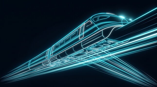 Futuristic high speed maglev train dynamic motion glowing blue light trail with emphasizing futuristic speed innovation dark background emphasizing science fiction inspired