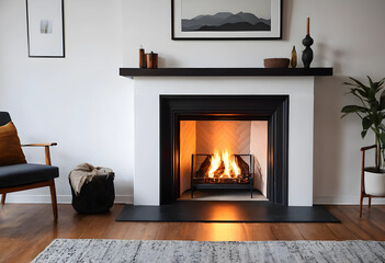 Obraz premium Modern living room with a lit fireplace, cozy home interior design, and warm ambiance for relaxation and comfort