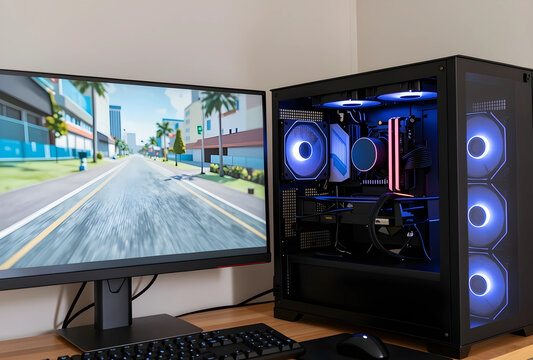 Modern gaming computer setup with illuminated rgb fans and a monitor displaying a racing game on a wooden desk
