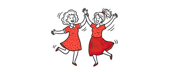 Two happy cartoon women jumping and holding hands