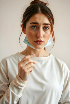 Young woman with a medical face mask pulled down to her chin, health and safety during pandemic, close up portrait