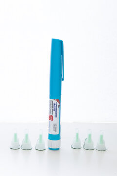 Toronto, Ontario, Canada. August 5, 2026. A blue Apo-Semaglutide injection pen stands upright with six disposable needle tips.