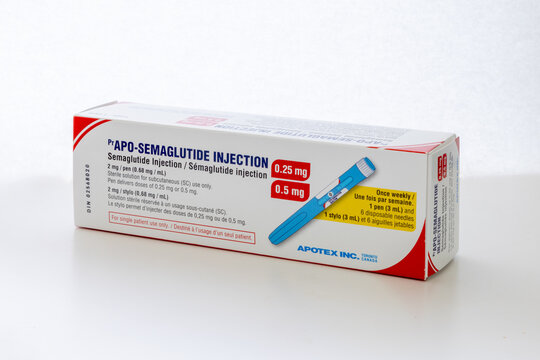 Toronto, Ontario, Canada. August 5, 2026. Box of Apotex Apo-Semaglutide injection pen used for diabetes treatment on white background.