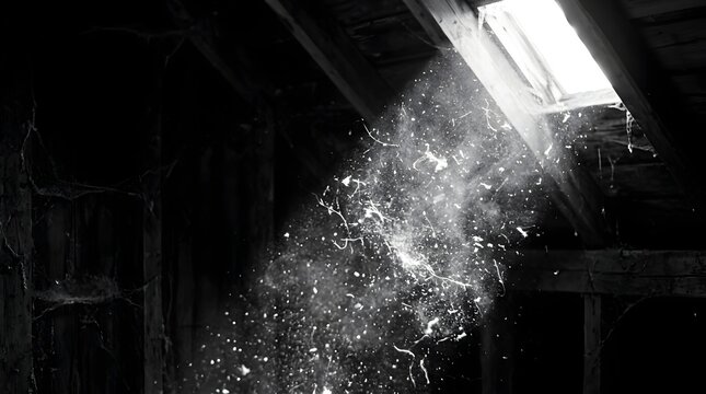 Sunlight beam shining through a skylight illuminating dust particles in a dark attic with sunlight particles skylight floating mysterious atmosphere interior particulate illumination darkness