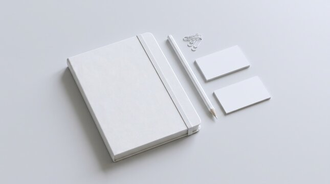 Minimalist white stationery mockup set, blank notebook with pencil and business cards, corporate identity branding template on grey background