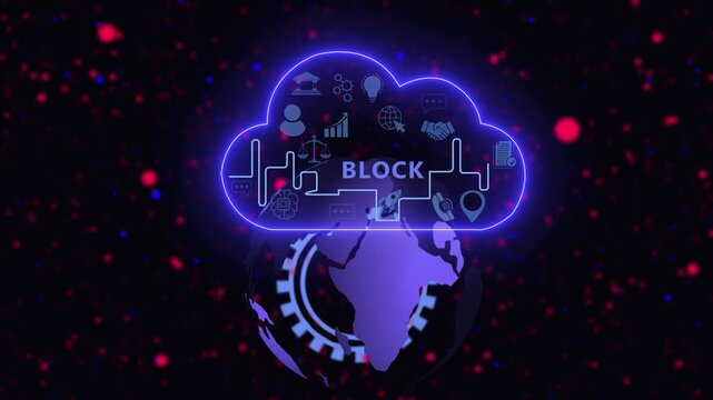 Futuristic digital cloud computing network featuring global blockchain technology integration with rotating earth globe and animated data for advanced enterprise cybersecurity and fintech