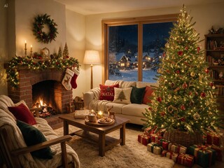 Obraz premium Cozy Christmas living room with decorated Christmas tree