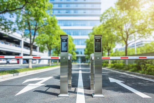Automatic red barrier gate secures modern office parking entrance, controlling vehicle access, traffic flow, security, restricted entry, commercial facilities, and smart infrastructure efficiently.