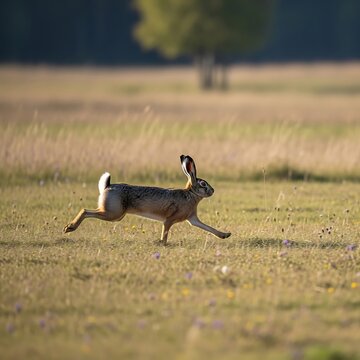 Wild hare running through a grassy field at sunset