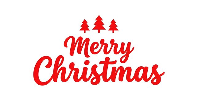 Elegant red merry christmas lettering design with decorative pine tree icons isolated on a clean white background