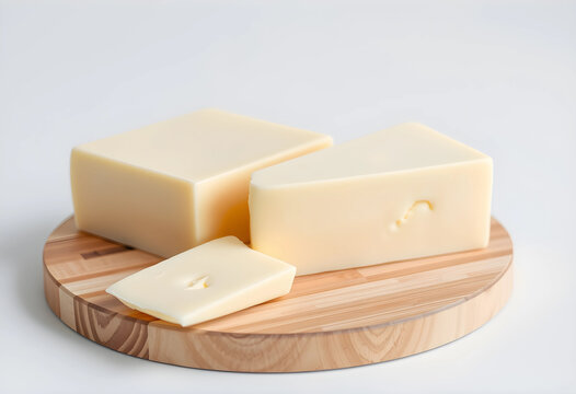 Various blocks and slices of light yellow cheese on a round wooden cutting board, isolated on a white background, the dairy product is a common food ingredient and snack