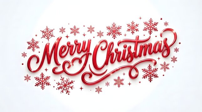Elegant red merry christmas lettering with decorative snowflake accents isolated on a clean white background for holiday greeting card designs