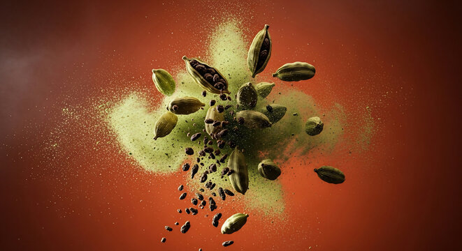 Exploding cardamom pods and seeds with vibrant green powder splash against a warm terracotta background, perfect for food photography, spice advertising and culinary blogs