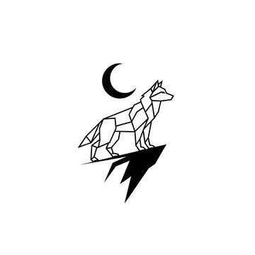Geometric wolf standing on a mountain peak under a crescent moon icon
