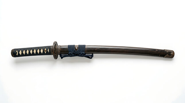 Traditional Japanese Wakizashi Sword with Decorative Scabbard Isolated on White