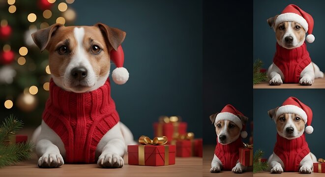 Jack russell terrier wearing christmas hat and sweater
