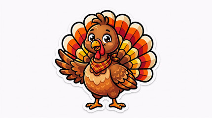 Fototapeta premium Cute turkey sticker illustration with colorful feathers and scarf, isolated on white background for Thanksgiving and holiday designs
