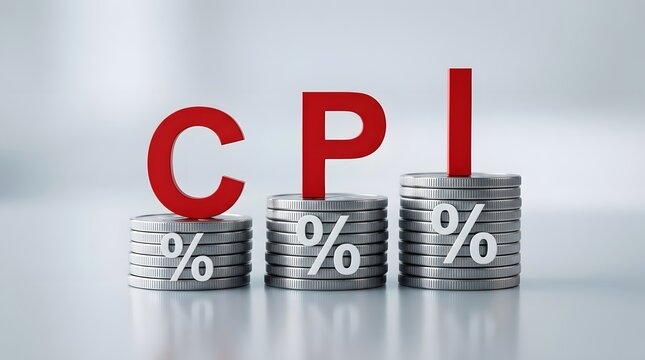 Red cpi letters standing on stacks of coins with percentage signs representing rising consumer price index and inflation rates