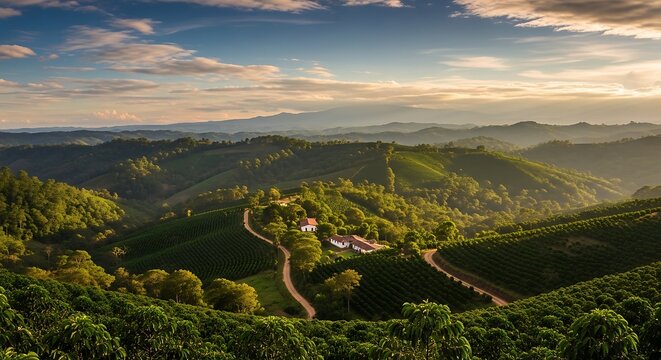 Lush coffee plantation on rolling hills during sunset