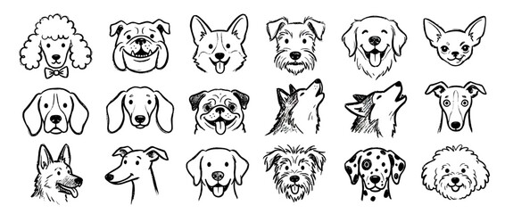 Fototapeta premium Collection of Dog Faces Hand Drawn Sketch Style