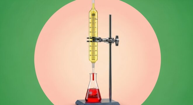 Burette on a stand dripping liquid into an erlenmeyer flask