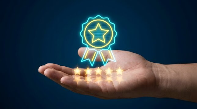 A hand holding a glowing neon quality assurance symbol representing excellence customer satisfaction and high standard business service concepts