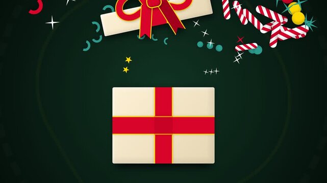 Festive White Gift Box Opening with Red Ribbon and Colorful Confetti on Green Background