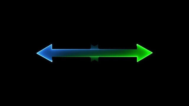 A glowing neon green and blue double-headed arrow with a subtle light effect pointing left and right on a black background representing futuristic direction.