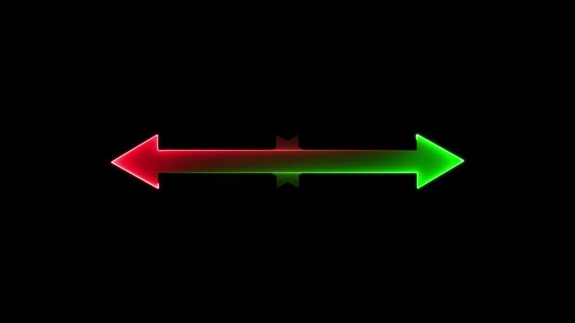 A luminous neon green and red double-headed arrow with a bright glow pointing left and right on a black background symbolizing contrast and opposing forces.