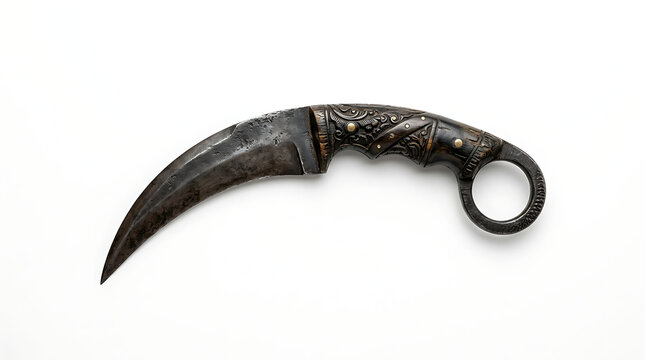 Ancient Handcrafted Karambit Combat Knife Isolated on a Plain White Background