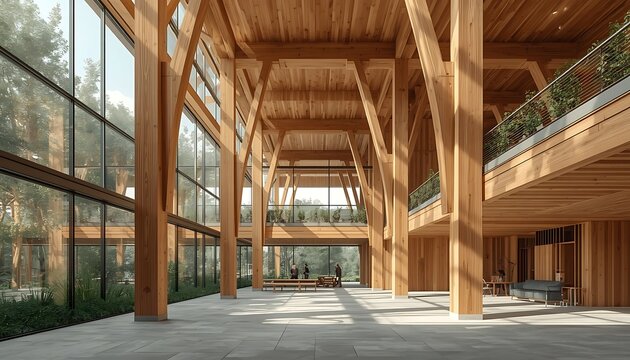 Modern Architectural Timber Interior Design Featuring Sustainable Glulam Structural Beams and Large Floor to Ceiling Panoramic Glass Windows