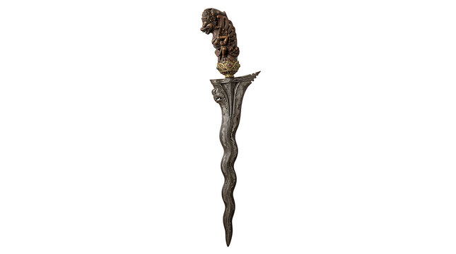 Traditional Indonesian Kris Dagger with Wavy Blade and Carved Handle Isolated on White