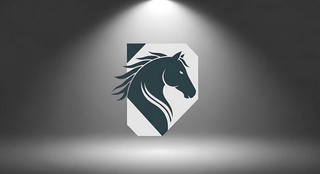 Modern horse head logo emblem on a geometric shield shape