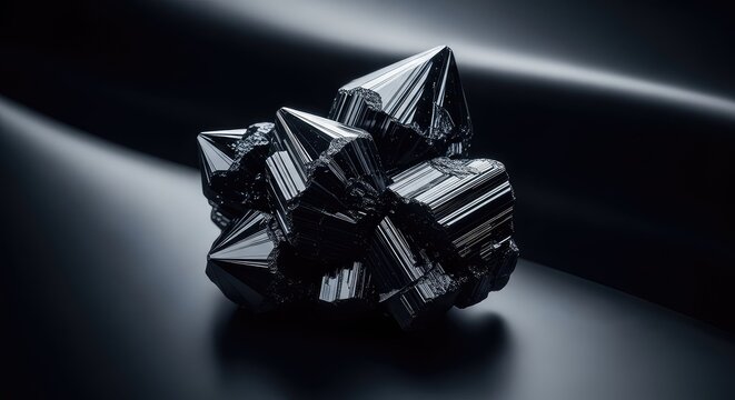 A dramatic macro shot of sharp faceted black crystals reflecting deep shadows and subtle light highlights across a dark abstract surface, dark, black, contrast
