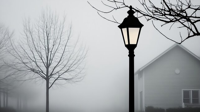 Misty Gray Landscape With Street Lamp And House