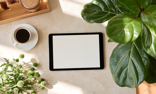a stylized flat lay composition featuring a central black tablet with a blank white display on a beige marble tabletop