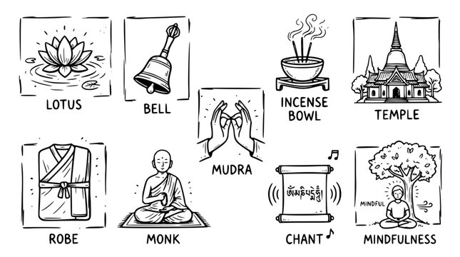 Hand drawn buddhist mindful lifestyle icons lotus bell incense bowl robe mudra temple monk chant, black ink sketch vector illustration

