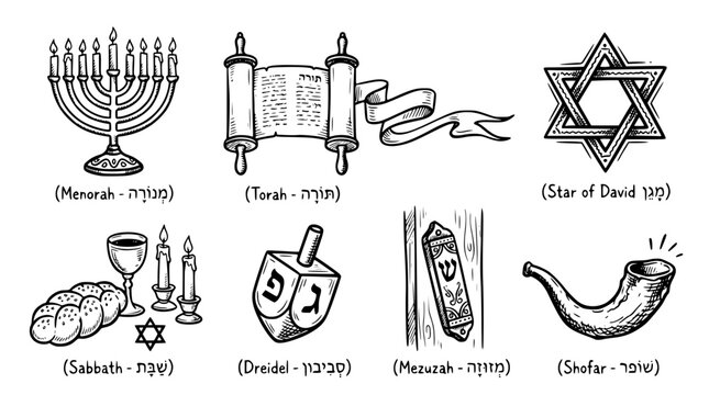 Hand drawn jewish hebrew culture icons menorah torah star david sabbath dreidel mezuzah shofar, black ink sketch vector illustration