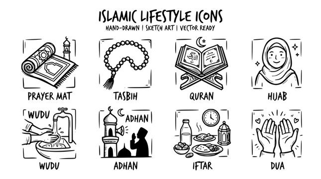 Hand drawn islamic muslim lifestyle icons prayer mat tasbih quran hijab wudu adhan iftar dua, black ink sketch vector illustration

