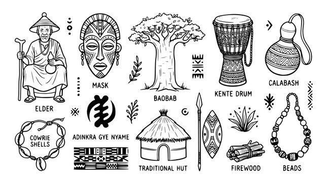 Hand drawn traditional african tribal lifestyle icons kente drum baobab calabash beads cowrie mask elder, black ink sketch vector illustration
