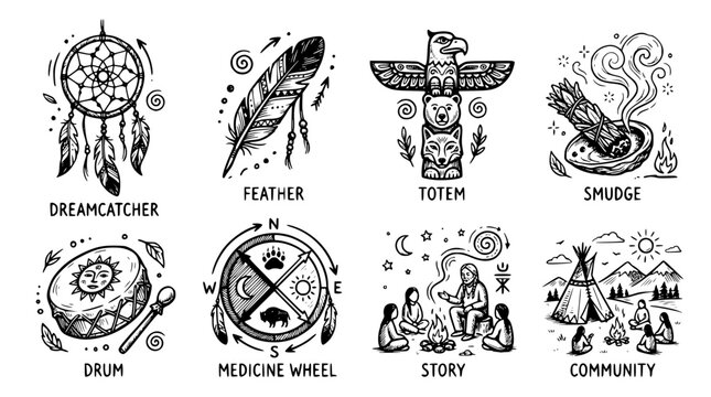 Hand drawn traditional native indigenous lifestyle icons dreamcatcher feather totem smudge drum medicine wheel story, black ink sketch vector illustration
