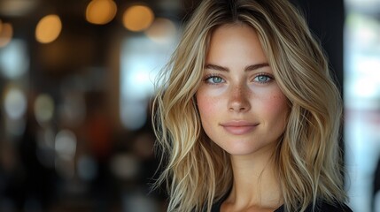 Fototapeta premium Close-up portrait of a blonde woman with wavy hair and freckles against a blurred bokeh background