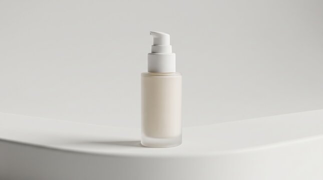 Minimalist cosmetic pump bottle mockup, frosted glass skincare container on white pedestal, elegant beauty product packaging for serum or lotion