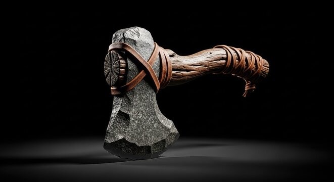 A primitive stone axe with a weathered wooden handle and leather bindings captured in a professional studio setting with dark lighting, old, archaeology, handle