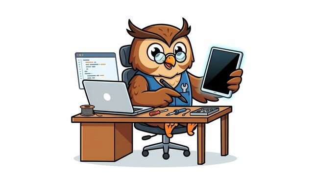 Cartoon owl character working as a software developer at desk.