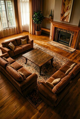 Obraz premium Warm and inviting living room interior with brown sofas, wooden coffee table, and fireplace, home decor
