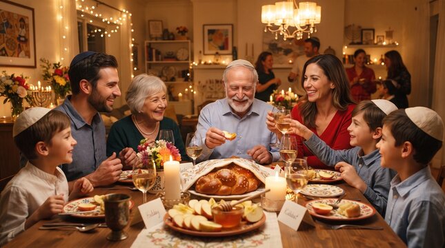 Sabbath Celebration: A Jewish family gathers around a warmly lit table for a festive Sabbath meal, sharing traditions and laughter under the glow of holiday lights.